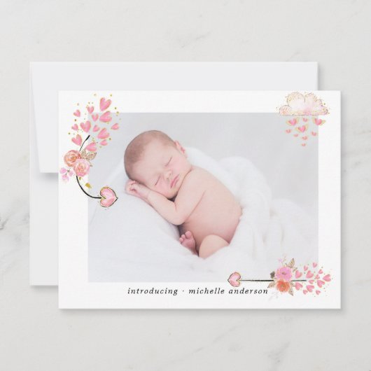 Aquarelle Coeurs roses Faire-part de naissance béb (Devant)