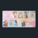 Aquarelle Collage bébé 8 photos avec script person<br><div class="desc">Style aquarelle unique couleur rose pastel, bleu et orange design avec huit photo collage modèle avec script personnalisé "Hello World" et trois champs de texte modifiables. Chaque modèle photo a un effet d'ombre de chute subtil.</div>