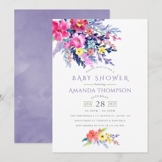 Aquarelle colorée Baby shower floral Invitation (Devant / Derrière)