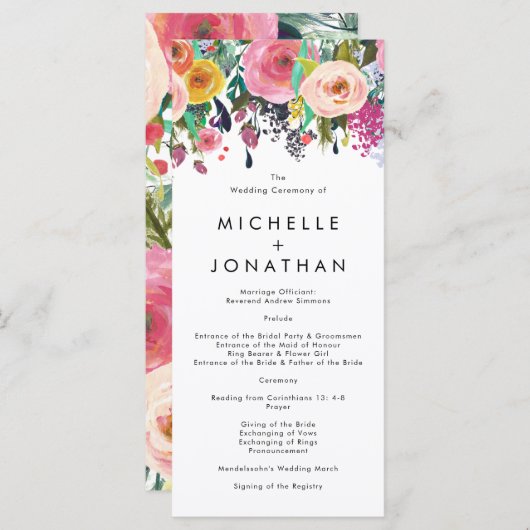 Aquarelle colorée Fleur Jardin Programme de mariag (Devant / Derrière)