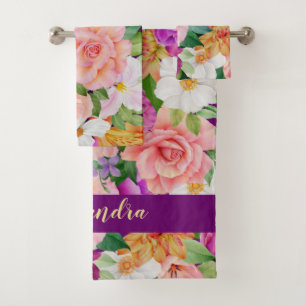 Aquarelle colorée Floral Purple Pink Monogramme