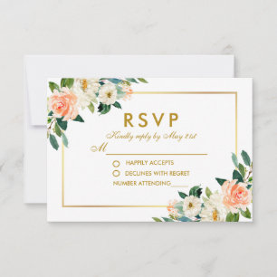 Aquarelle Coral Floral Gold Wedding RSVP
