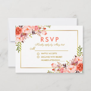 Aquarelle Coral Floral RSVP Mariage Or