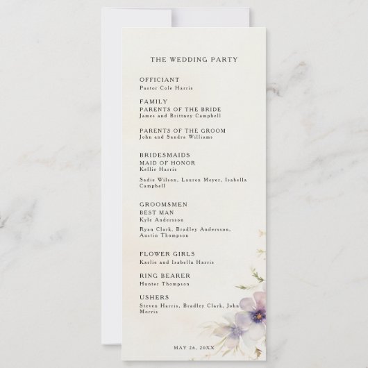 Aquarelle cosmos fleurs programme de mariage (Dos)