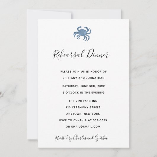 Aquarelle Crabe Bleu Répétition Dîner Invitations (Devant)