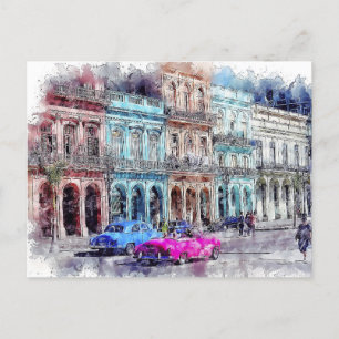 Aquarelle Cuba havana voiture vintage ville carte 