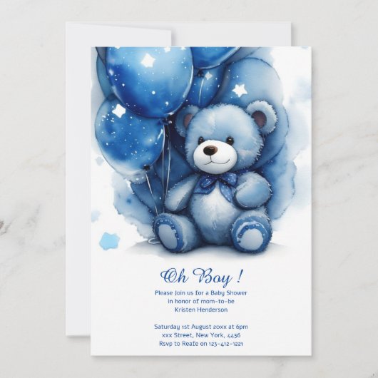 Aquarelle Cute Bear Boy Baby shower Invitation (Devant)