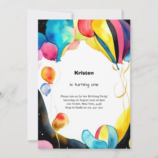 Aquarelle de ballons 1er anniversaire Invitation (Devant)