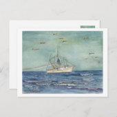 Aquarelle de bateau à crevettes. Carte postale. (Devant / Derrière)