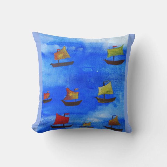 Aquarelle de bateau Coussin bleu mer (Recto)