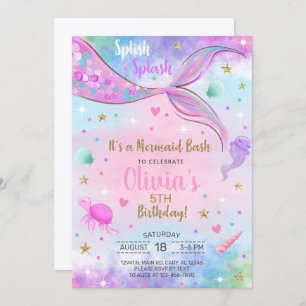 Aquarelle de fille sirène et invitation d'annivers