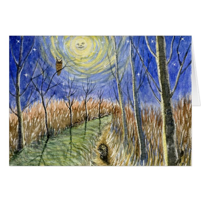 Aquarelle de hérisson, de hibou, de lune et (Devant horizontal)