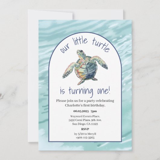 Aquarelle de la tortue marine Invitation d'anniver (Devant)