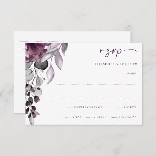 Aquarelle de Mariage de prune violette Folial RSVP (Devant / Derrière)