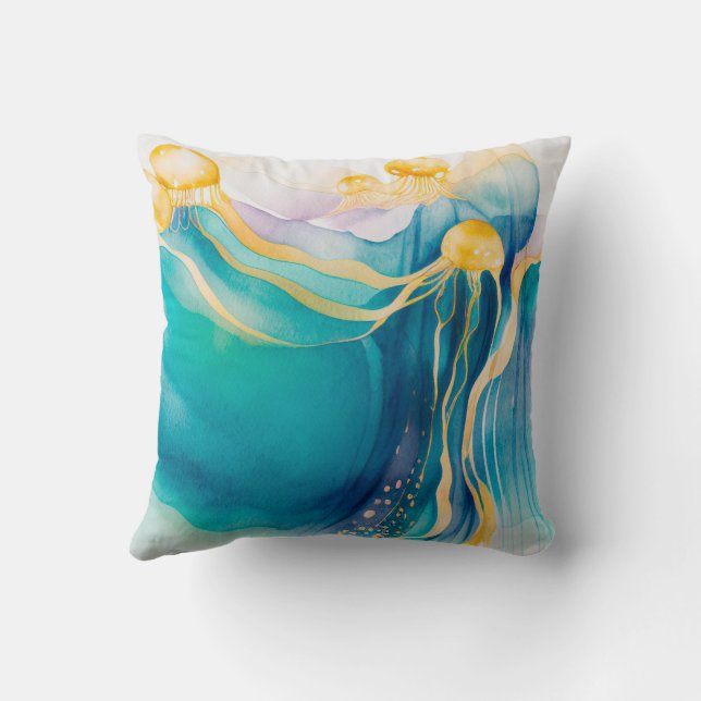 Aquarelle de méduse or turquoise coussin couvert m (Verso)