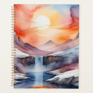 Aquarelle de montagnes enneigées sous le coucher d