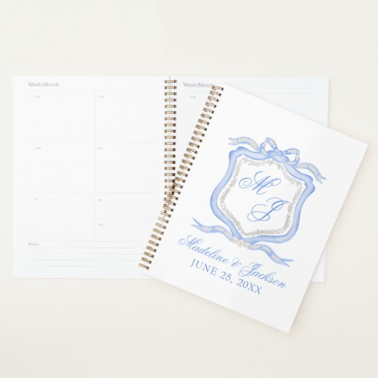 Aquarelle Designer Blue Monogram Crest Mariage (Devant avec enveloppe)
