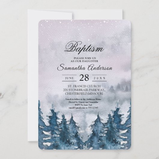Aquarelle d'hiver moderne Forêt Bleu Invitation (Devant)
