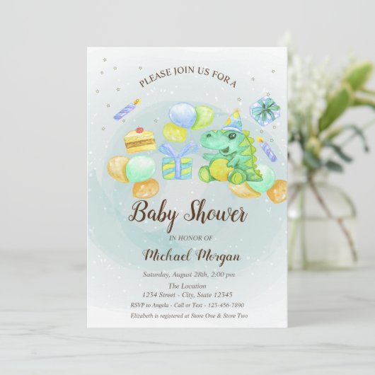 Aquarelle Dino, Gâteau, Présente Invitation (Debout devant)