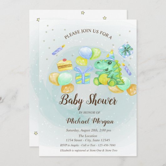 Aquarelle Dino, Gâteau, Présente Invitation (Devant / Derrière)