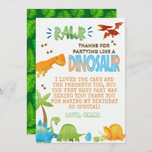 Aquarelle Dinosaur Carte de remerciements d'annive (Devant / Derrière)