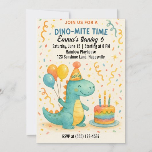 Aquarelle Dinosaure Invitation Anniversaire Pour E (Devant)