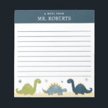 Aquarelle Dinosaures Science Enseignant Bloc-notes<br><div class="desc">Bloc-notes pour professeurs de sciences à thème Dinosaur avec nom modèle sur un arrière - plan bleu. Un joli bloc-papier personnalisé qui est doublé et comporte des étoiles aquarelles, des tricératops, des stégosaurus et des brachiosaurus. Ce bloc-notes à thème en dino ferait un cadeau d'appréciation à l'enseignant réfléchi ou amusant...</div>