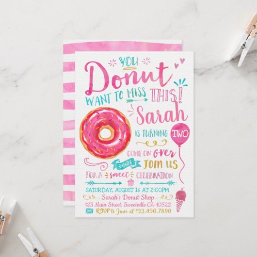 Aquarelle Donut Invitation d'anniversaire (Devant/Arrière en situation)