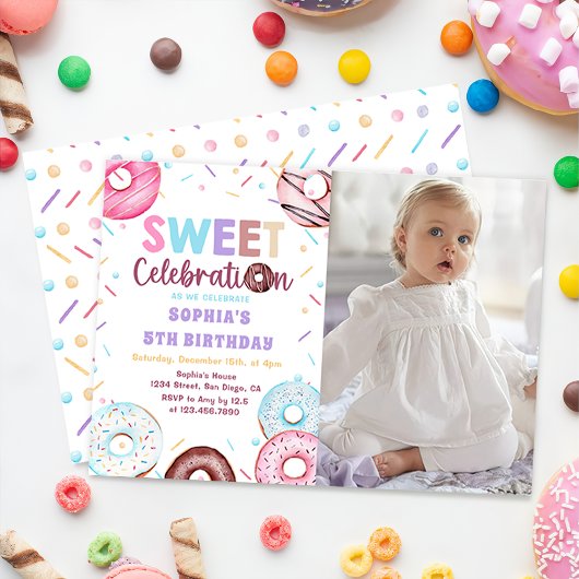 Aquarelle Donut Sweet Birthday Photo Invitation