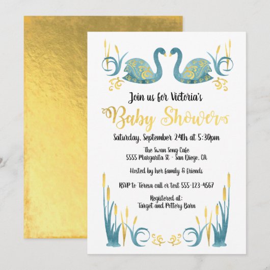 Aquarelle d'or Swans Baby shower Invitation (Devant / Derrière)