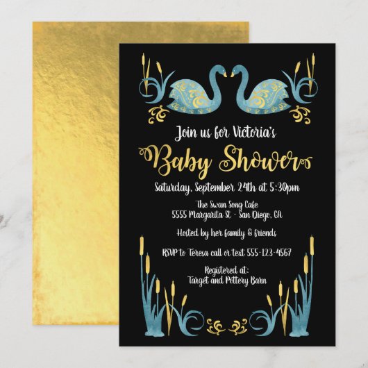 Aquarelle d'or Swans Baby shower Invitation (Devant / Derrière)