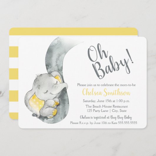 Aquarelle douce Eléphant Baby shower Invitation (Devant / Derrière)