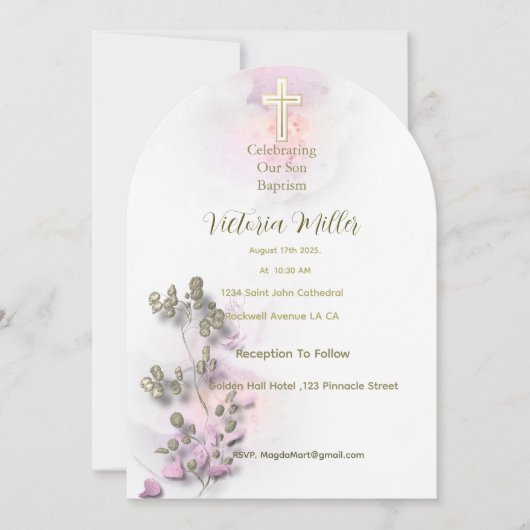 Aquarelle douce et Croix dorée invitation au baptê (Devant)