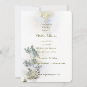 Aquarelle douce et Croix dorée invitation au baptê