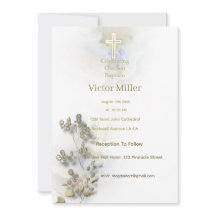 Aquarelle douce et Croix dorée invitation au baptê