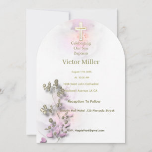Aquarelle douce et Croix dorée invitation au baptê