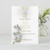 Aquarelle douce et Croix dorée invitation au baptê (Debout devant)