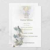 Aquarelle douce et Croix dorée invitation au baptê (Devant / Derrière)