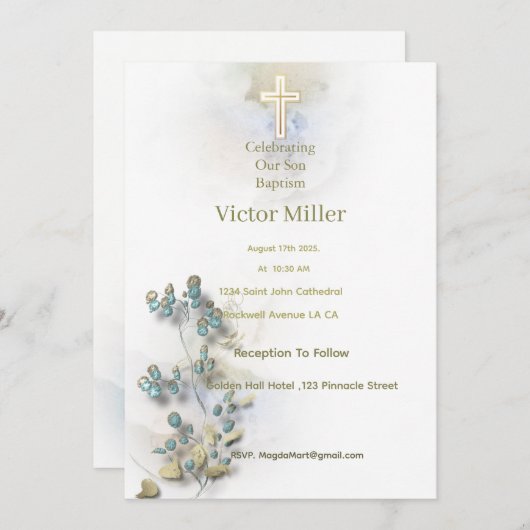 Aquarelle douce et Croix dorée invitation au baptê (Devant / Derrière)