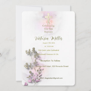 Aquarelle douce et Croix dorée invitation au baptê