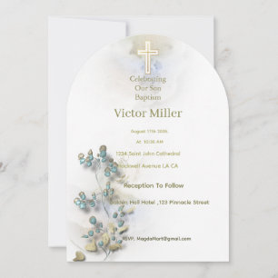 Aquarelle douce et Croix dorée invitation au baptê