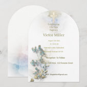 Aquarelle douce et Croix dorée invitation au baptê (Devant / Derrière)