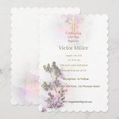 Aquarelle douce et Croix dorée invitation au baptê (Devant / Derrière)