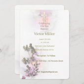 Aquarelle douce et Croix dorée invitation au baptê (Devant / Derrière)