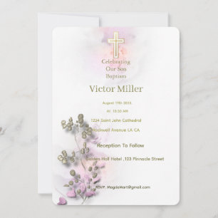 Aquarelle douce et Croix dorée invitation au baptê