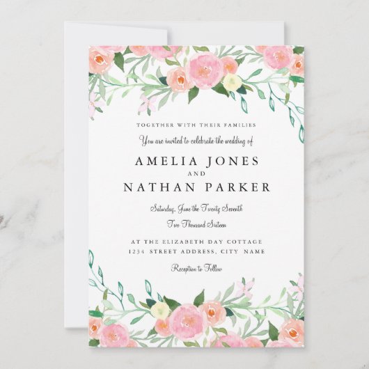 Aquarelle douce Faire-part de mariage rose (Devant)