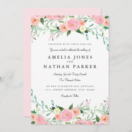 Aquarelle douce Faire-part de mariage rose (Devant / Derrière)