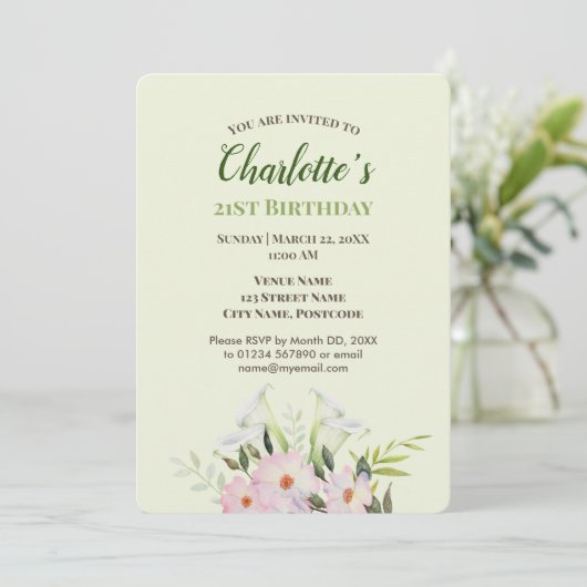 Aquarelle Doux Blanc Calla Invitation Anniversaire (Debout devant)