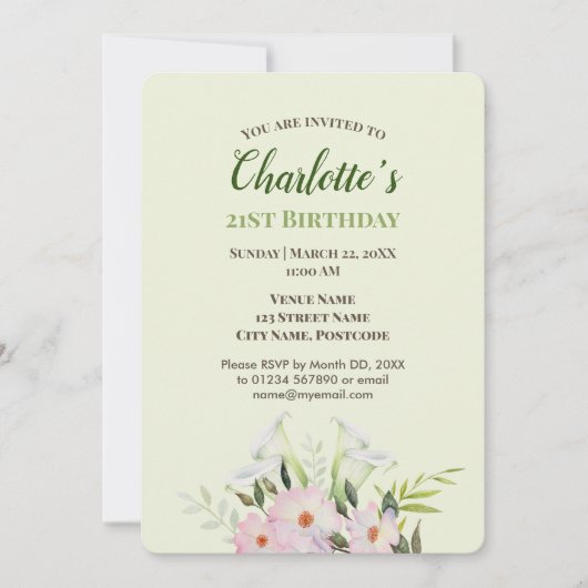 Aquarelle Doux Blanc Calla Invitation Anniversaire (Devant)