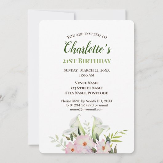 Aquarelle Doux Blanc Calla Invitation Anniversaire (Devant)